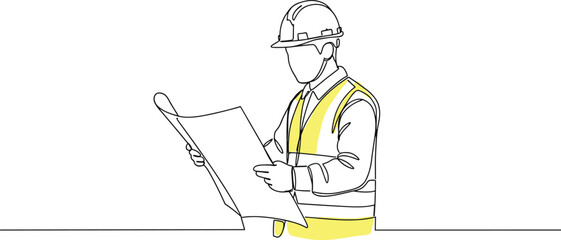 Construction engineer line art, architect wearing safety vest and helmet, blueprint plan sketch, civil site inspector drawing, project manager illustration, building plan professional
