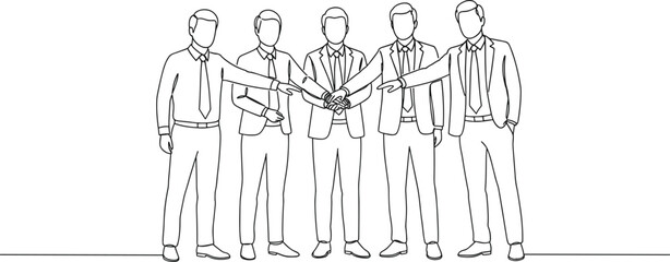 Business teamwork unity, five men collaboration, professional group success, continuous line art, office team partnership, leadership coordination,