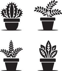 Potted Plant Silhouette Icon Set – Black Vector Collection of Cactus, Fern, Snake Plant & More