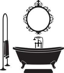 Elegant Bathroom Silhouette Vector Set – Clawfoot Bathtub, Mirror, Towel Rack in Black and White