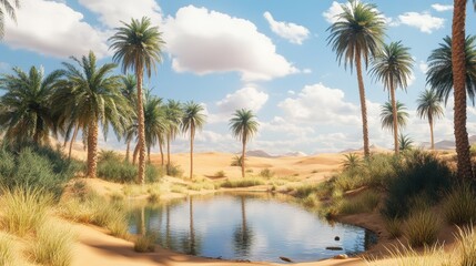 Obraz premium Lush Palm Trees Surround a Calm Oasis in the Desert Landscape