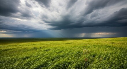Obraz premium Dramatic Storm Clouds Over Lush Green Grassland Field