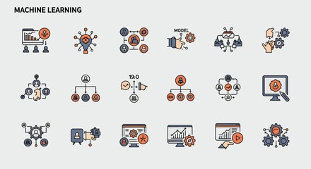 Fototapeta premium Machine Learning Icon Set – Flat Minimalist Symbols of Training, Models & Metrics