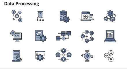 Data Processing Icon Set &ndash; Minimal Line Style for Input, Output, Storage & Flow