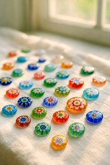 Vintage-style flat lay with handmade glass marbles and open notebook near window (Generative AI)