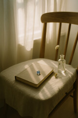 Vintage-style flat lay with handmade glass marbles and open notebook near window (Generative AI)