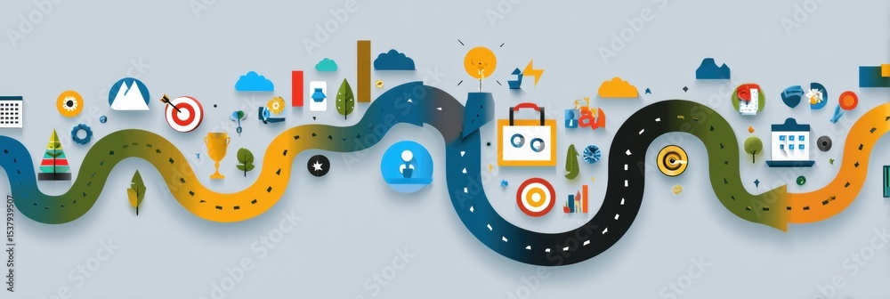 Poster Winding Path Illustrating Various Goals Using Colorful Icons Representing Achievements and Milestones