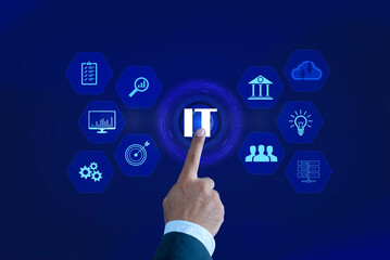 IT consultant presenting tag cloud about information technology. Tech icons illustration....