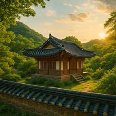 Traditional Korean hanok architecture in seasonal landscape settings (Generative AI)