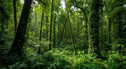 Fototapeta premium Lush Tropical Rainforest: Deep Green Canopy and Mossy Trees