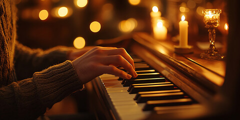 Person playing piano at night with candles. Cozy and relaxing atmosphere.