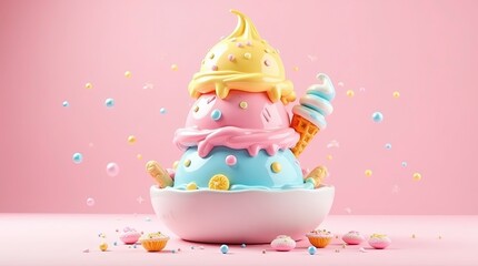 Clay-morphism 3D Ice Cream Illustration With a Vibrant Shiny Style Using Bright Pastel Colors On The Background