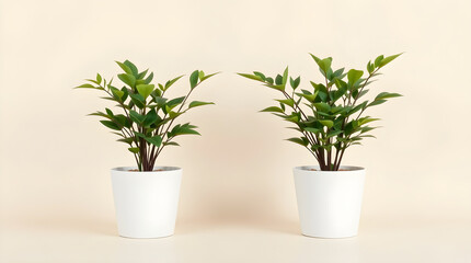 Fototapeta premium Two zamioculcas zamiifolia plants growing in white ceramic pots on beige background