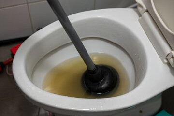A woman's hand is using an air pump to solve a clogged toilet.