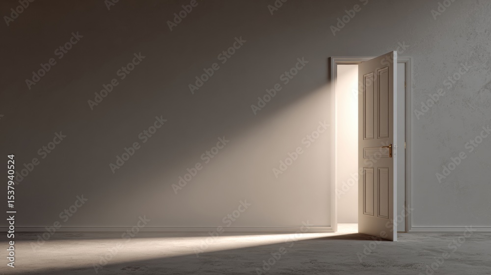 Poster unexpected door ajar in a smooth white wall reveals warm light, creating a sense of mystery and curi