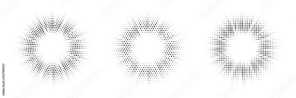 Aufkleber Halftone circle frame background set. Round border Icon using halftone random circle. Burst Halftone light effect. Glowing light burst. abstract grunge halftone dots background. Vector illustration.	