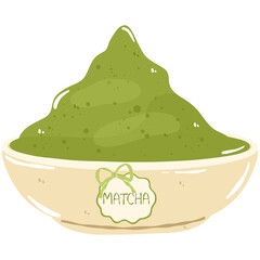 wooden bowl with green matcha powder isolated,cartoon illustration style