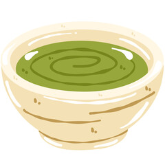 illustration of a wooden bowl of hot matcha tea