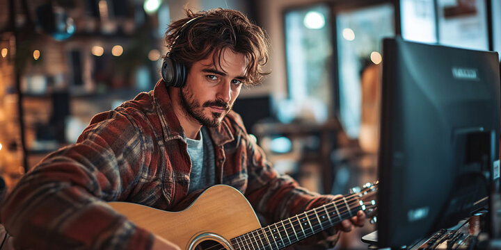 A male musician records his acoustic guitar in his home studio using headphones and a computer
