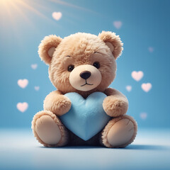 Obraz premium Teddy Bear With Heart.A plush teddy bear’s paw holding a tiny heart with dreamy blue bokeh comfort. AI-generated