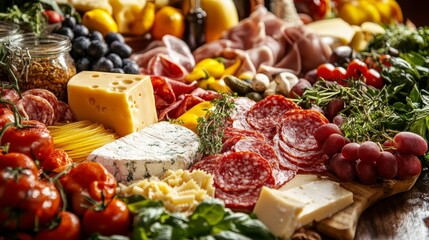 A lavish spread of cured meats, cheeses, fruits, vegetables, and pasta.