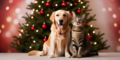 Cute Dog and Cat Sitting Together for the Holidays

