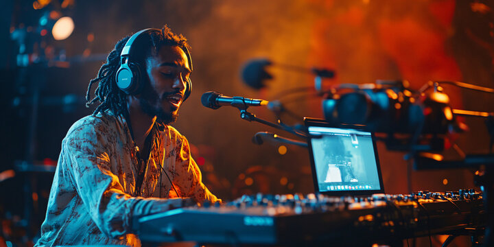 A captivating image of a musician passionately performing live on stage, illuminated by vibrant lighting.