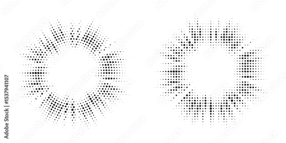 Poster Halftone circle frame background set. Round border Icon using halftone random circle. Grunge circular stain. Vector illustration.
