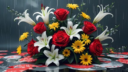  floral arrangement with roses, lilies, and daisies, vibrant colors, elegant and festive, Rainy Day 