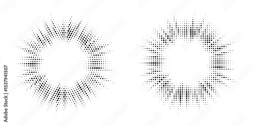 Aufkleber Halftone circle frame background set. Round border Icon using halftone random circle. Grunge circular stain. Vector illustration.