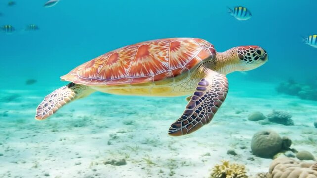 A vibrant hawksbill sea turtle glides gracefully through a crystalline turquoise ocean, surrounded by a school of sergeant major fish on a sandy seabed