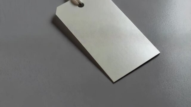 Close-up of plain blank rectangular paper price tag with string on a textured gray surface at an angle for branding mockup