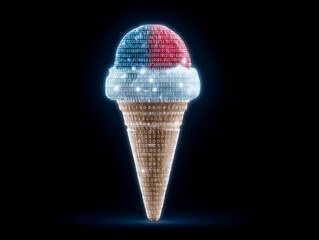 A vibrant, illuminated ice cream cone with colorful scoops.