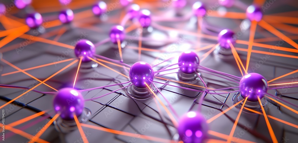 Wall mural 3d neural network with glowing violet nodes overlaid on an orange and gray tech grid