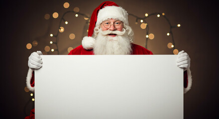 Santa claus holding blank sign holiday festive background christmas winter cheerful celebration advertising