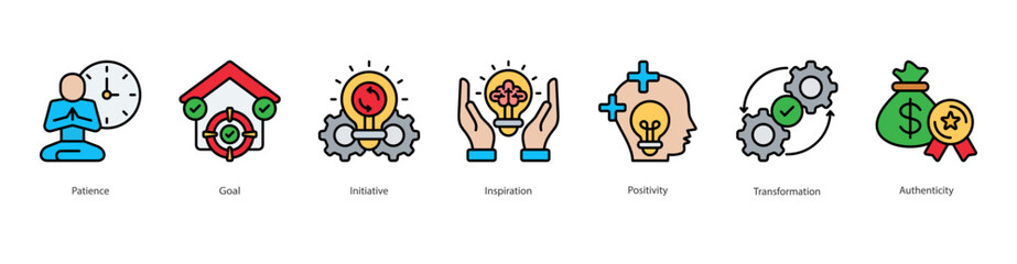Inspired Personal Growth banner web icon set vector illustration concept with icon of patience, goal, initiative, inspiration, positivity, transformation, authenticity