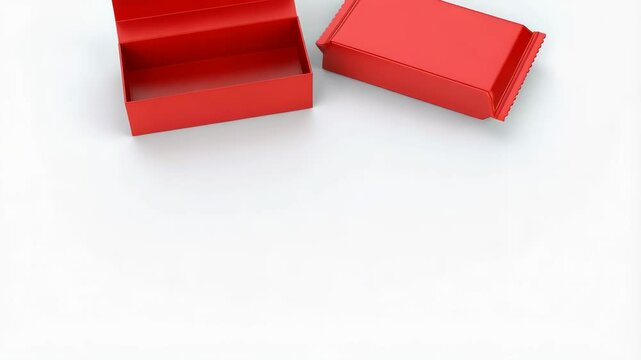 Close-up of a bright red open empty gift box and a wrapped candy on a plain white surface studio shot.