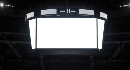 Large blank scoreboard in empty sports arena with dark surroundings  