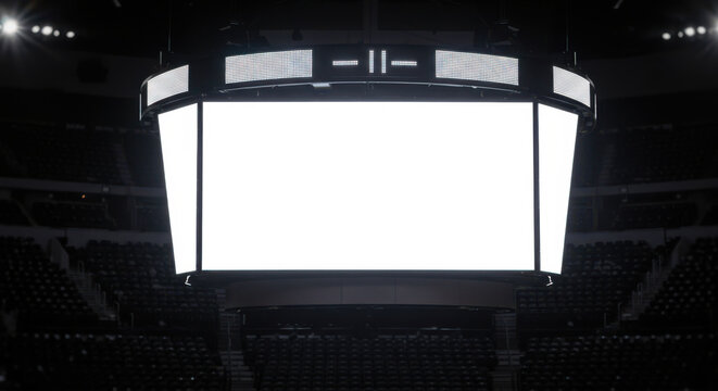 Large blank scoreboard in empty sports arena with dark surroundings  