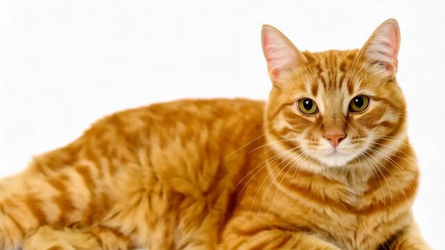 Relaxed ginger tabby cat with green eyes lounging elegantly on a white background in studio portrait, feline companion