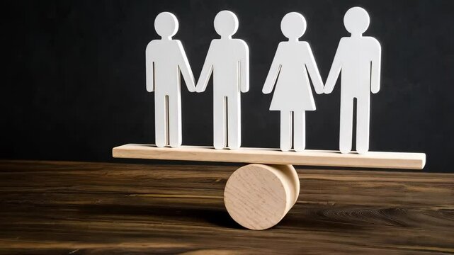 Wooden figures of two men and a woman holding hands balanced on a seesaw, symbolizing equality and fairness, equity on wooden surface.