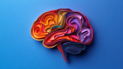 Colorful layered paper brain model on blue background.