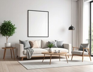 Bright Scandinavian Living Room with Blank Frame Neutral Tones and Natural Light