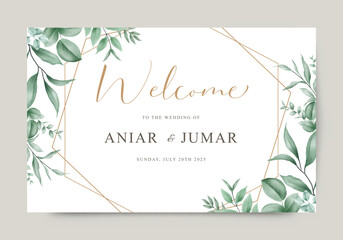 Wedding invitation background template, card, cover, banner, with green leaves geometric frame