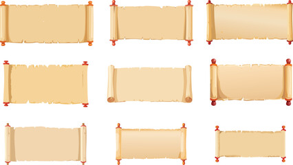 set of old paper sheets, Vector Illustration of Vintage Paper Scrolls with Wooden Handles and Decorative Red Caps – Earth-Toned Aged Parchment Layout in Grid Format

