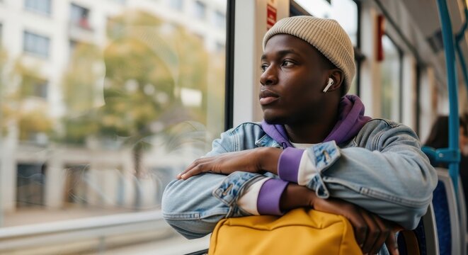 Pensive student listening to music with wireless earphones while looking out the window during his daily commute on a modern tram