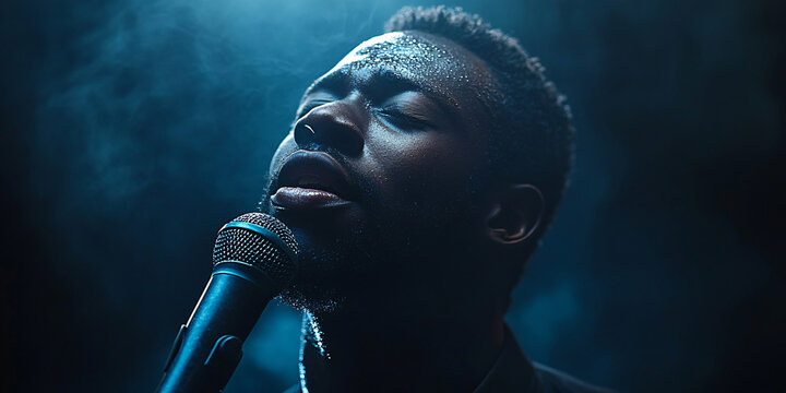 A male singer passionately performing on stage, illuminated by dramatic blue light. - Powered by Adobe
