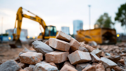 Pile of construction stones with excavator machinery in the background concept of transparent background png  