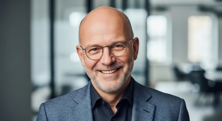 Naklejka premium Portrait of a confident and successful senior businessman smiling in a modern office environment
