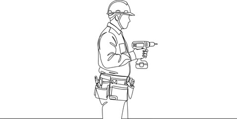 Construction worker with power drill, handyman line art illustration, safety helmet, tool belt, outline builder sketch, professional contractor, construction site, building laborer drawing, engineer